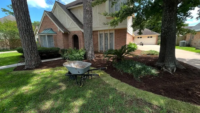 Front yard bed with new mulch around the trees